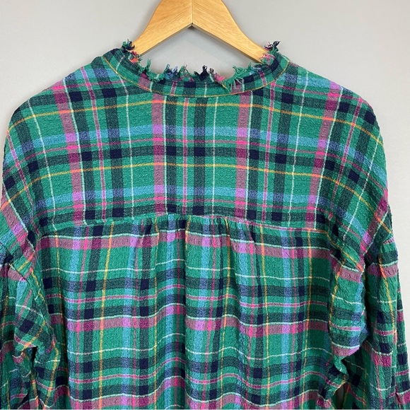 Anthropologie‎ Pilcro Cropped Puff-Sleeve Blouse Green Plaid Large Relaxed Fit - Picture 14 of 16